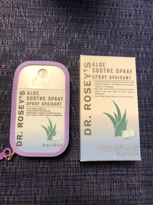 Dr. Rosey's Aloe Sooth Spray 50mL, lightweight gel-to-spray-formula with a purple keychain